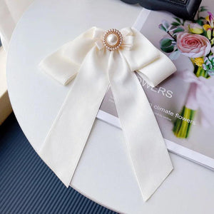 Pearl Bow Large Bow Brooch Ribbon Fabric Cravat Collar Pins for Women