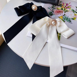 Pearl Bow Large Bow Brooch Ribbon Fabric Cravat Collar Pins for Women