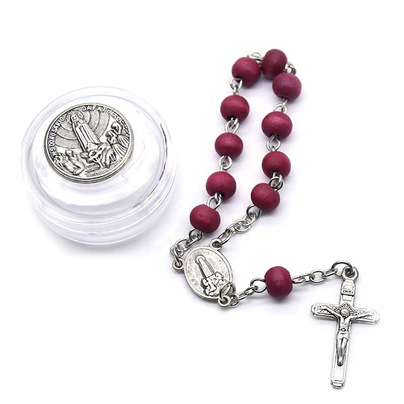 Vintage Red Wood Beads Strand Cross Rosary Bracelet With Box