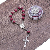 Vintage Red Wood Beads Strand Cross Rosary Bracelet With Box