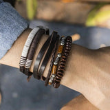 Men's Retro Wooden Beads Leather Bracelet Stitching Charm Bracelets