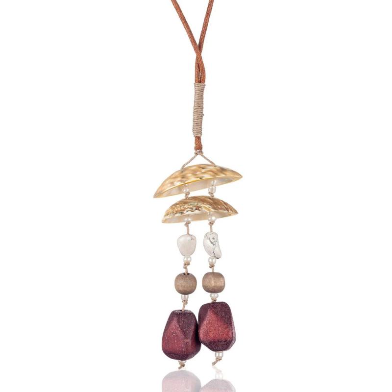 Vintage Women's Shell & Wood Beads Long Leather Necklace Suspension