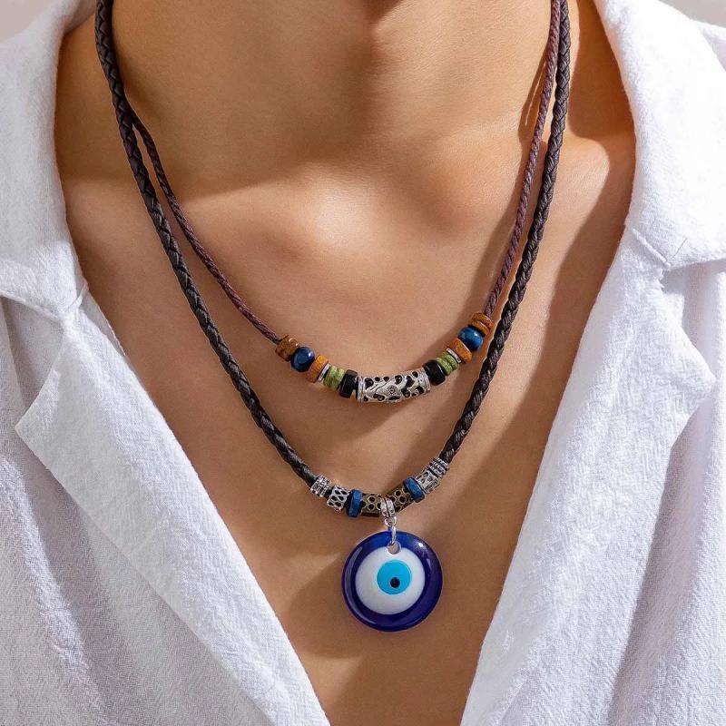 Men's Eye Pendant Necklace Vintage Wood Beads Choker