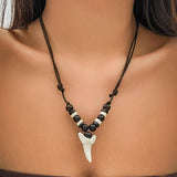 Vintage Tooth Pendant Necklace Women Wood Beads Wax Thread Choker