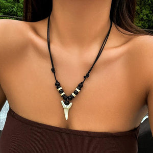 Vintage Tooth Pendant Necklace Women Wood Beads Wax Thread Choker