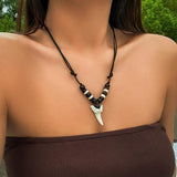Vintage Tooth Pendant Necklace Women Wood Beads Wax Thread Choker