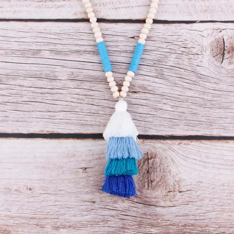 Polymer Clay Beads Wood Beads Chains BOHO Silk Tassel Pendant Necklaces