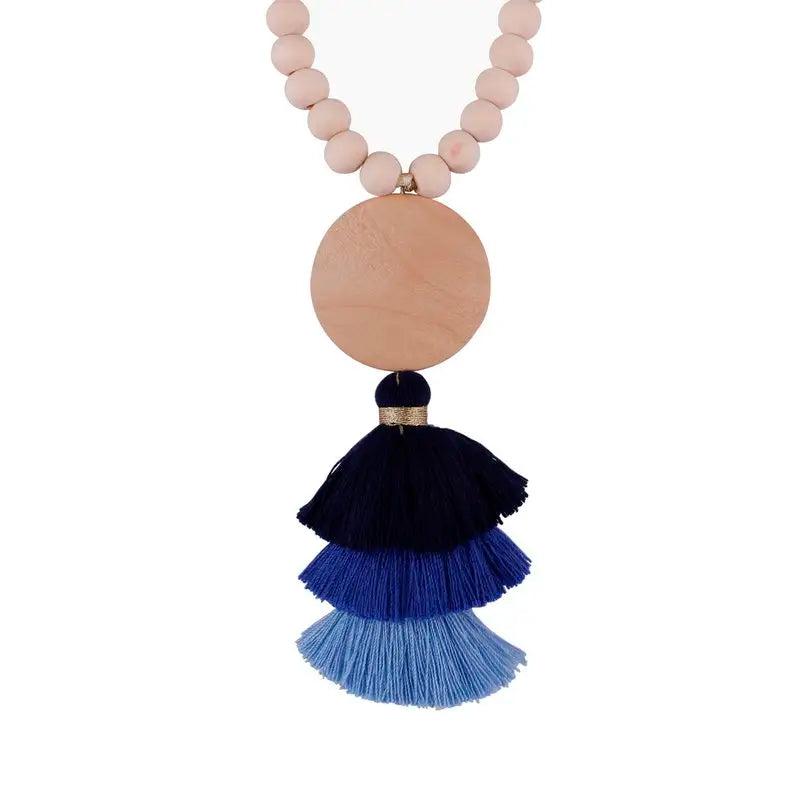 Monogram Round Wood Beads Tassel Necklace Long Necklace