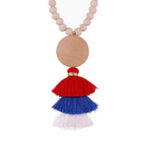 Monogram Round Wood Beads Tassel Necklace Long Necklace