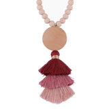 Monogram Round Wood Beads Tassel Necklace Long Necklace