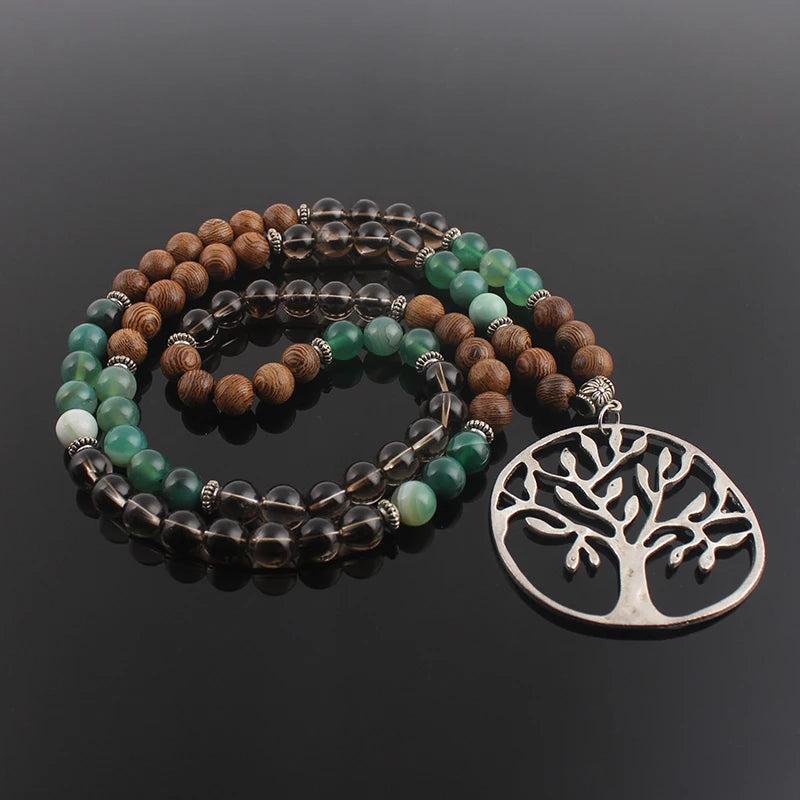 Gem Stone Wood Crystal Beaded Necklace with Tree Pendant