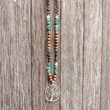 Gem Stone Wood Crystal Beaded Necklace with Tree Pendant