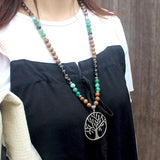 Gem Stone Wood Crystal Beaded Necklace with Tree Pendant