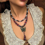 Boho Beaded Crescent Pendant Necklace Vintage Double Layer Butterfly Necklace