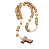 Catholic Wood Rosary Beads Necklace St Anthony's Tau Cross Chain Necklace