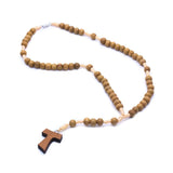 Catholic Wood Rosary Beads Necklace St Anthony's Tau Cross Chain Necklace