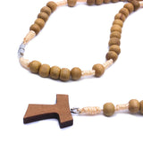 Catholic Wood Rosary Beads Necklace St Anthony's Tau Cross Chain Necklace