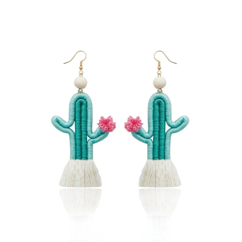 BOHO Cactus Tassel Earrings Wooden Bead Weave Earrings