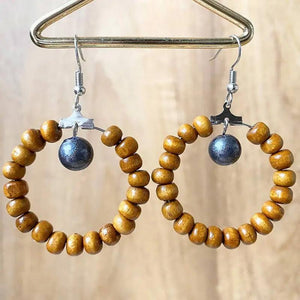 Wood Beaded Circle Drop Earrings with Turquoise Beads