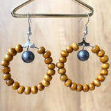 Wood Beaded Circle Drop Earrings with Turquoise Beads