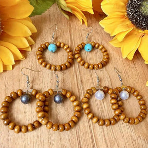 Wood Beaded Circle Drop Earrings with Turquoise Beads