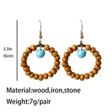 Wood Beaded Circle Drop Earrings with Turquoise Beads