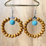 Wood Beaded Circle Drop Earrings with Turquoise Beads