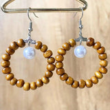 Wood Beaded Circle Drop Earrings with Turquoise Beads