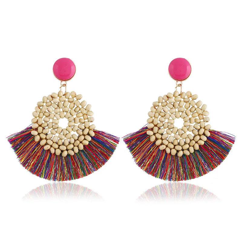 Bohemian Ethnic Wooden Bead Tassel Earrings