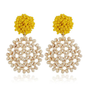 Ethnic Resin Beaded Earrings Hand-Knitted Wooden Beads Tassel Drop Jewelry