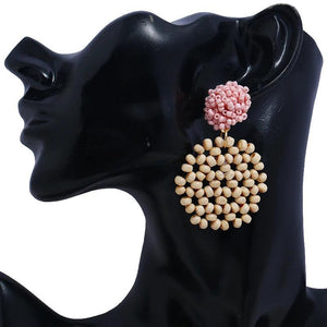 Ethnic Resin Beaded Earrings Hand-Knitted Wooden Beads Tassel Drop Jewelry
