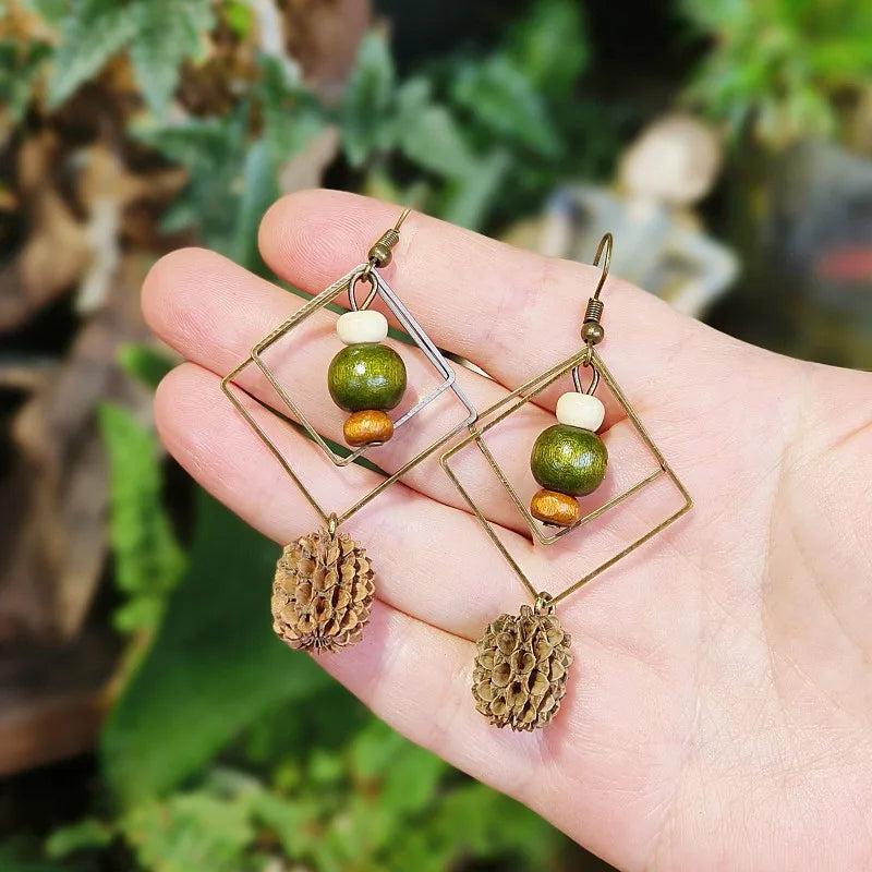 Vintage Geometric Dangle Earrings Square Hollow Out Beaded Eardrop