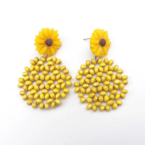 Sunflower Drop Earrings Vintage Wood Beaded Dangle Earrings