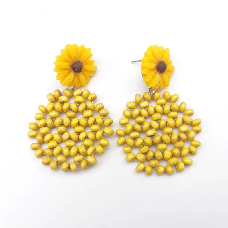 Sunflower Drop Earrings Vintage Wood Beaded Dangle Earrings