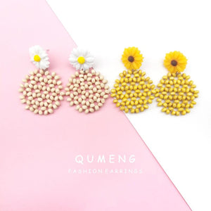 Sunflower Drop Earrings Vintage Wood Beaded Dangle Earrings