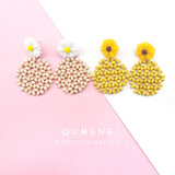Sunflower Drop Earrings Vintage Wood Beaded Dangle Earrings