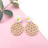 Sunflower Drop Earrings Vintage Wood Beaded Dangle Earrings