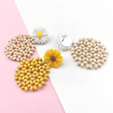 Sunflower Drop Earrings Vintage Wood Beaded Dangle Earrings