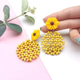 Sunflower Drop Earrings Vintage Wood Beaded Dangle Earrings