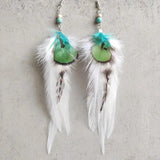 Boho Feather Earrings Wood Beads Turquoise Beaded Green Feather Earrings