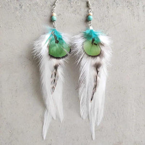 Boho Feather Earrings Wood Beads Turquoise Beaded Green Feather Earrings