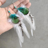 Boho Feather Earrings Wood Beads Turquoise Beaded Green Feather Earrings