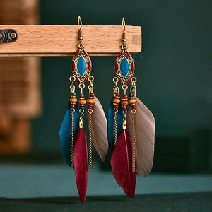 Bohemian Fringe Feather Earrings Wood Bead Jewelry