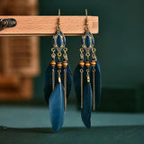 Bohemian Fringe Feather Earrings Wood Bead Jewelry