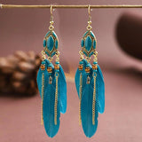 Bohemian Fringe Feather Earrings Wood Bead Jewelry