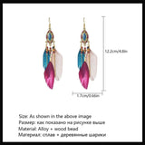 Bohemian Fringe Feather Earrings Wood Bead Jewelry