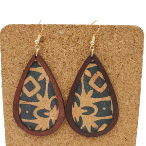Wood Cork Teardrop Earrings Abstract Geometric Pattern Lightweight Jewelry