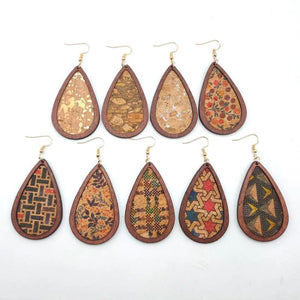 Wood Cork Teardrop Earrings Abstract Geometric Pattern Lightweight Jewelry