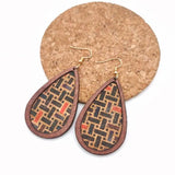 Wood Cork Teardrop Earrings Abstract Geometric Pattern Lightweight Jewelry