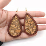 Wood Cork Teardrop Earrings Abstract Geometric Pattern Lightweight Jewelry